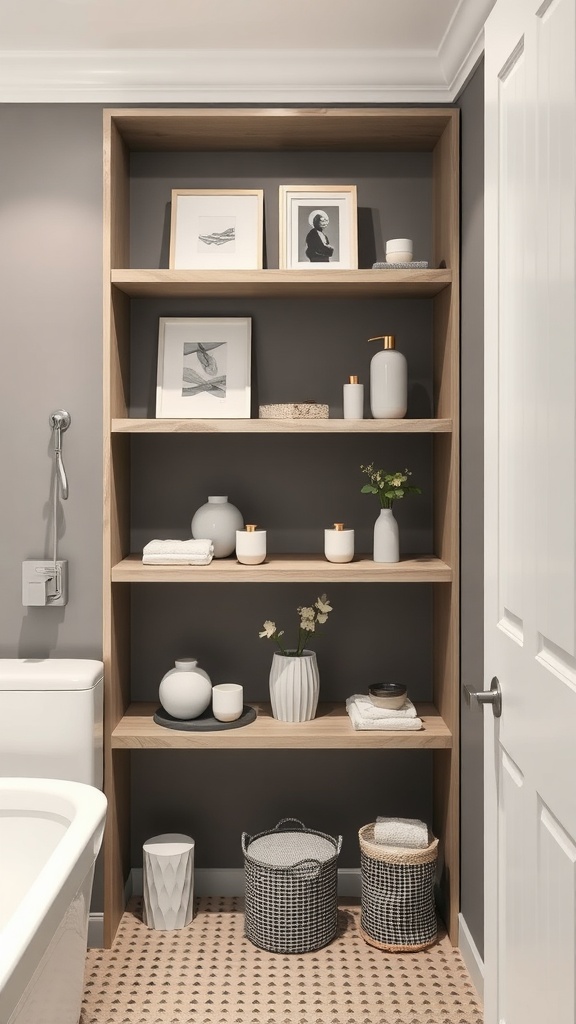 Open shelving in grey bathroom with white decor and accessories.