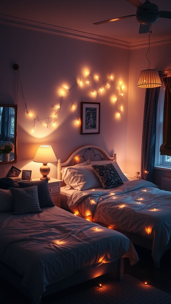 A cozy bedroom featuring soft lighting with string lights and a warm bedside lamp.