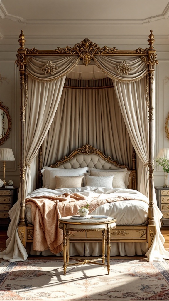 A luxurious canopy bed with gold accents and soft drapes in a beautifully decorated bedroom.