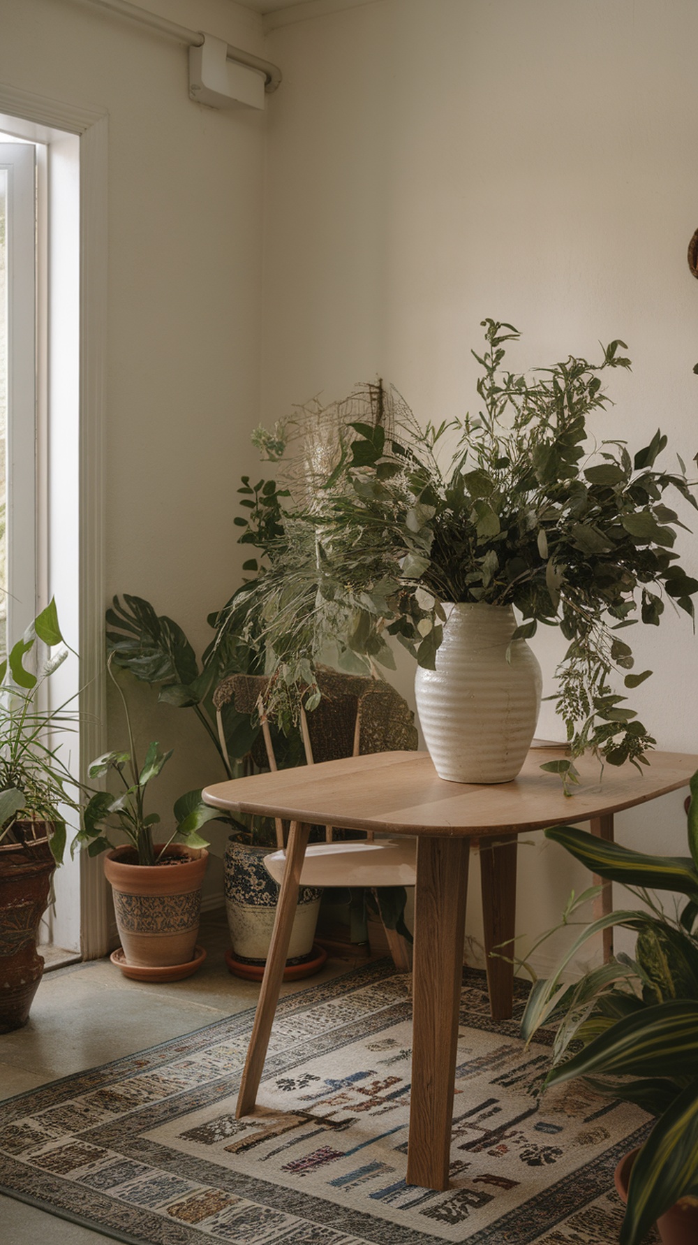 A cozy indoor dining area featuring a wooden table with a large vase of greenery, surrounded by potted plants and a patterned rug.
