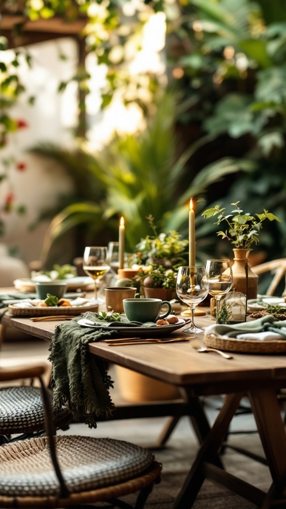 An outdoor-inspired table setting with natural elements, green plants, candles, and elegant dinnerware