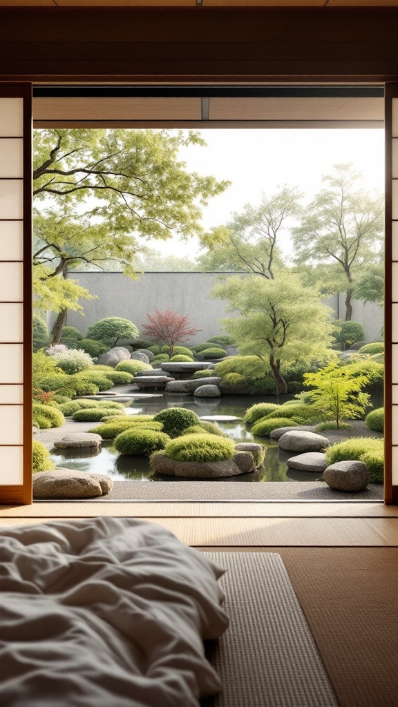 A peaceful Japanese-style bedroom featuring Shoji windows that provide a view of a serene garden with greenery and a pond.