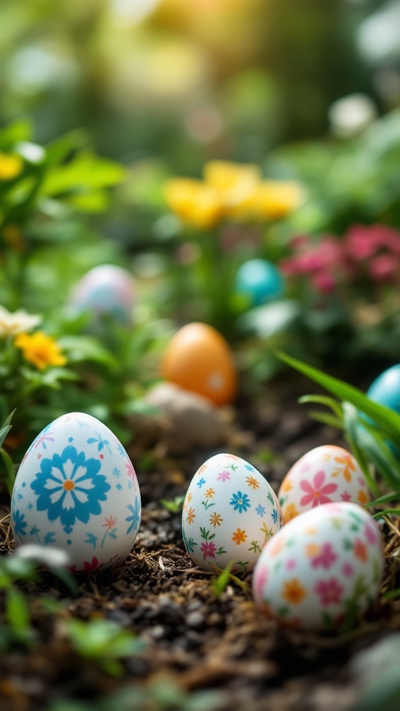 Colorful Easter eggs in a garden setting among flowers