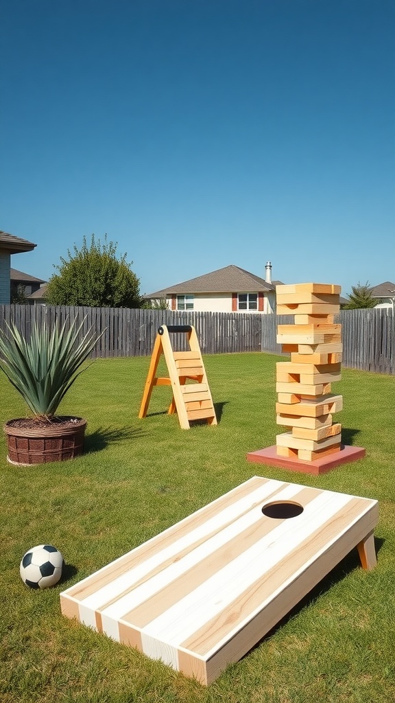 Backyard games zone featuring a cornhole set, giant Jenga, and a soccer ball on green grass.