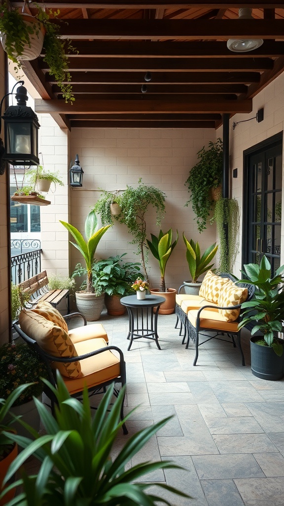 Cozy outdoor patio with comfortable seating and lush greenery