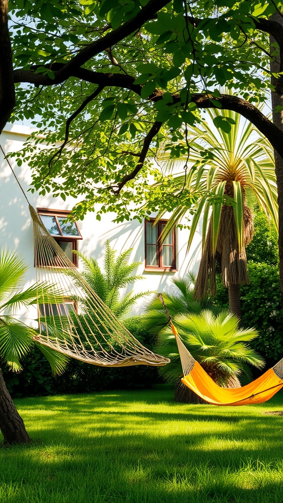 Two hammocks hanging in a green garden with trees and plants