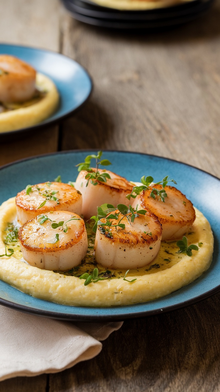 Plate of pan-seared scallops on creamy polenta with herb butter.