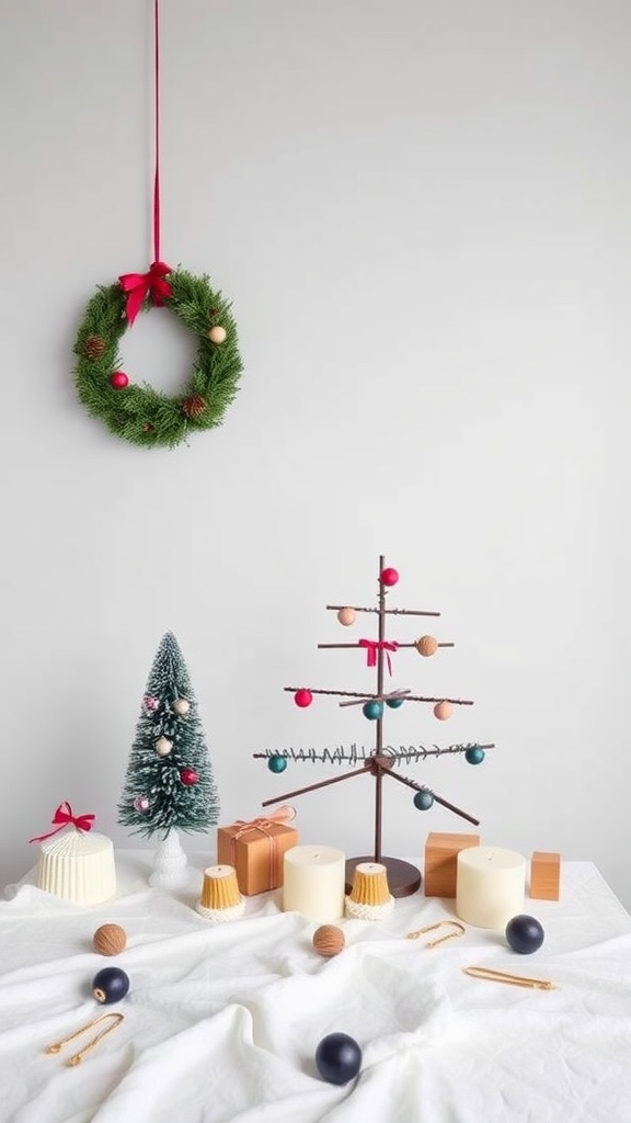 A minimalist Christmas display featuring a small tree, candles, and festive decor.