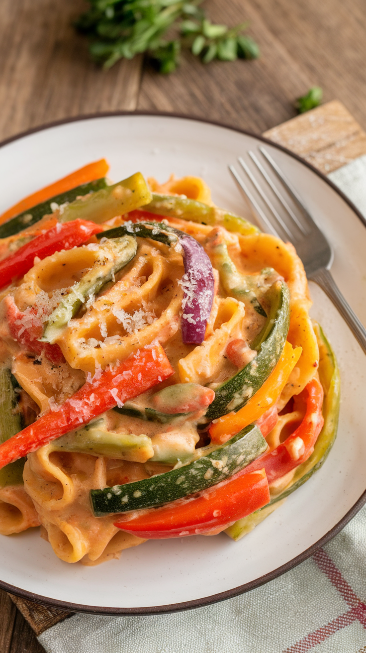 A plate of pasta primavera with a variety of seasonal vegetables.