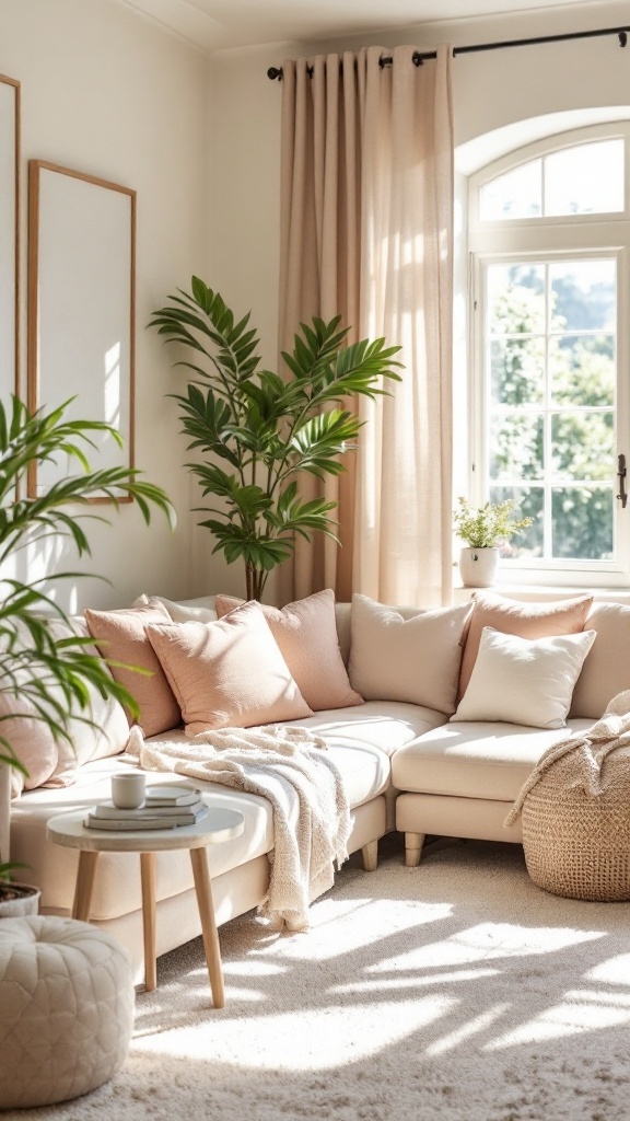 Cozy living room with pastel color palette, featuring a sectional sofa, pillows, a round table, and indoor plants.