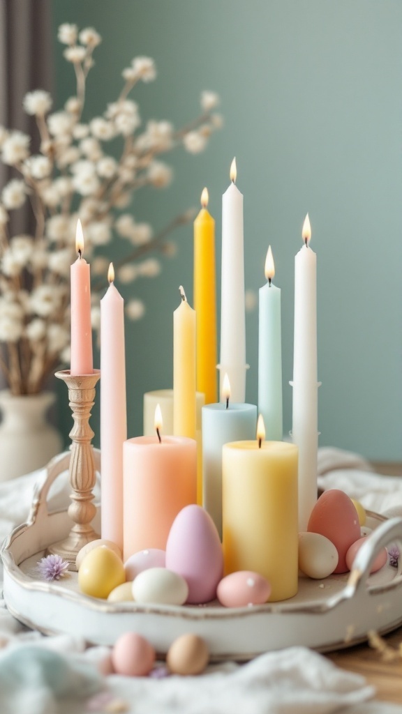 A collection of pastel colored candles arranged on a tray with decorative eggs.