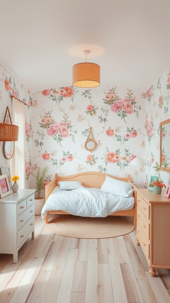 A cozy bedroom featuring pastel colors, floral wallpaper, and wooden furniture.