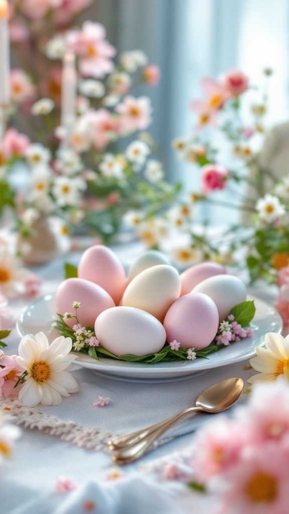 A beautiful arrangement of pastel eggs on a plate surrounded by flowers, creating a lovely Easter centerpiece.