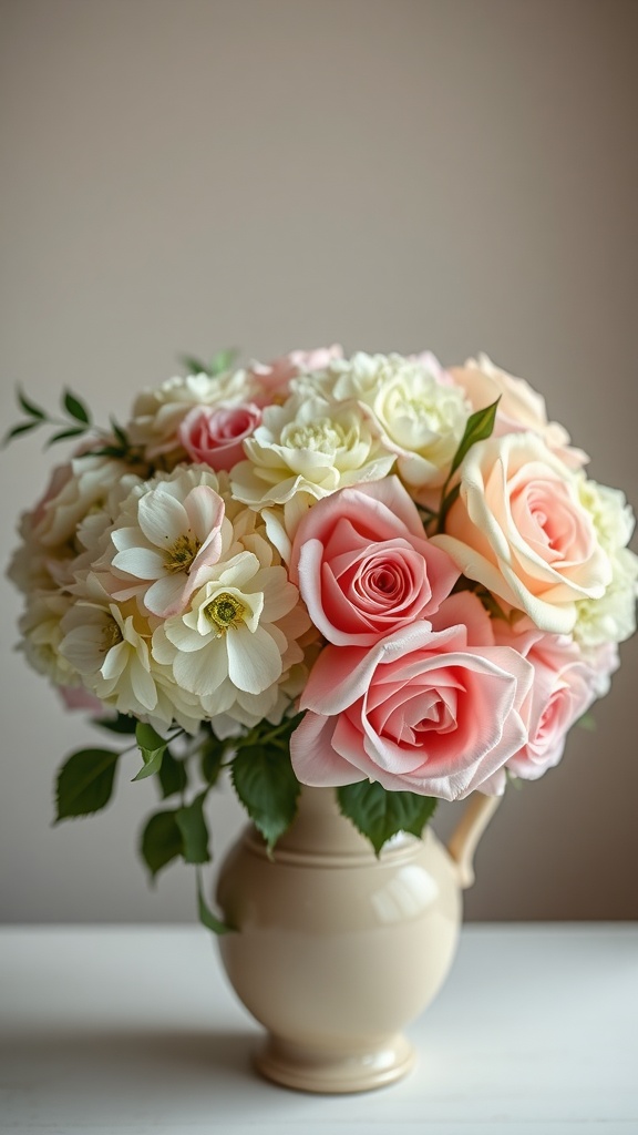 A bouquet of pastel-colored flowers featuring pink roses and white blooms arranged in a beige vase.
