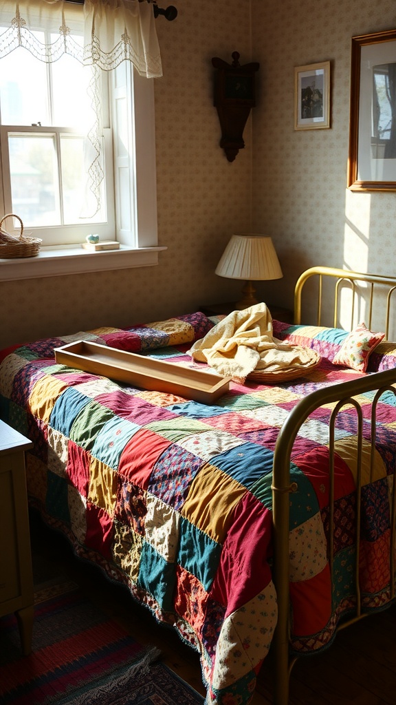 A cozy bedroom featuring a patchwork quilt on a bed, illuminated by sunlight.