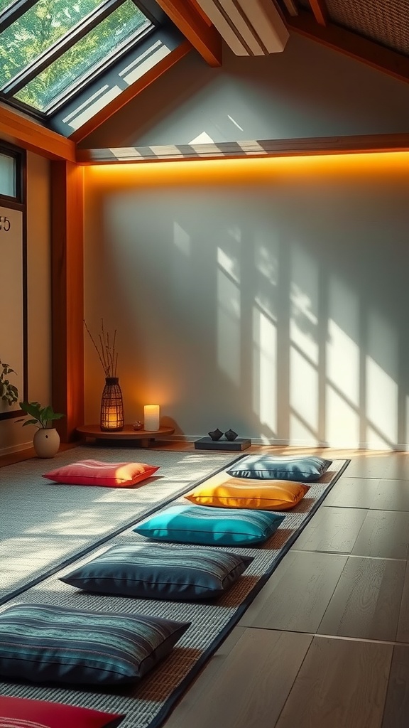 A tranquil zen space with meditation cushions in various colors, surrounded by plants and natural light