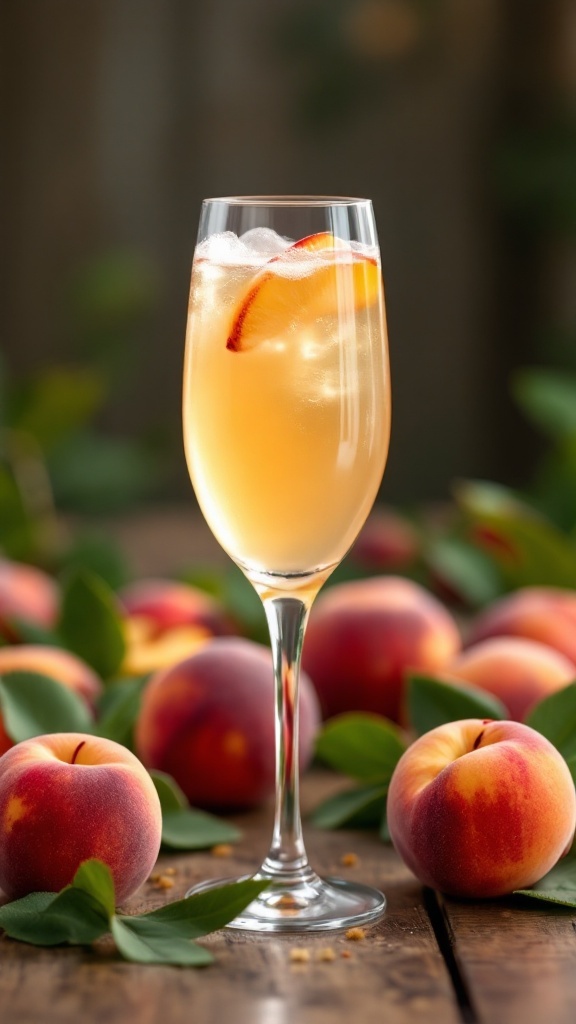 A refreshing Peach Bellini cocktail served in a tall glass, garnished with a peach slice.