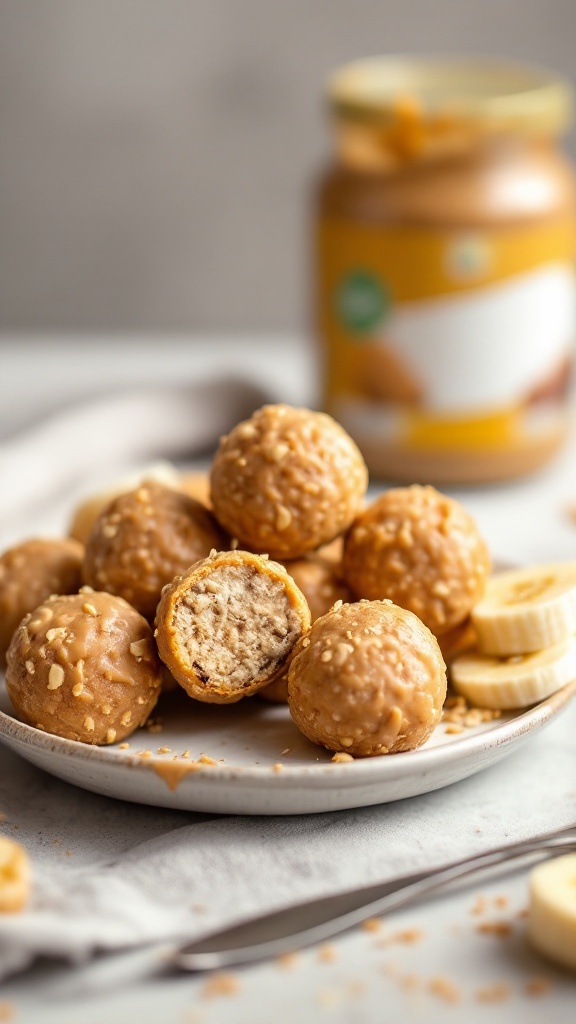 A plate of peanut butter banana protein balls with a jar of peanut butter and banana slices in the background.
