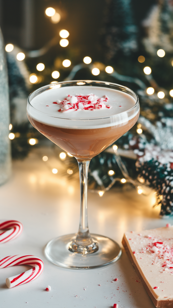 A Peppermint Bark Martini garnished with crushed candy canes, surrounded by holiday lights and decorations.