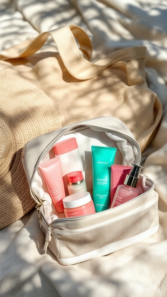 A travel bag filled with colorful skincare products on a beach setting
