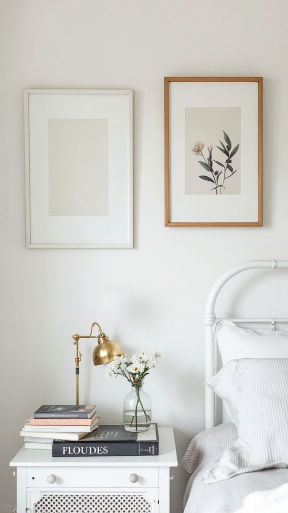 A cozy bedroom with framed art, a bedside table with books and a vase of flowers.