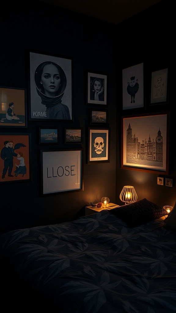 A cozy dark bedroom featuring a collection of personalized art displays on the walls, complemented by warm lighting.