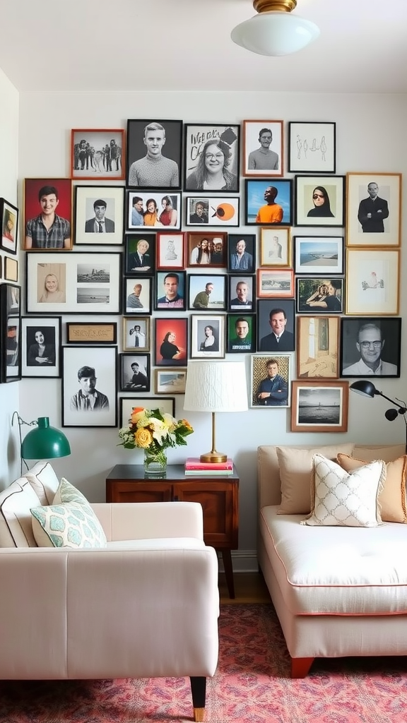 A cozy living room with a gallery wall filled with framed photos and art, a lamp, and a vase of flowers on a side table.