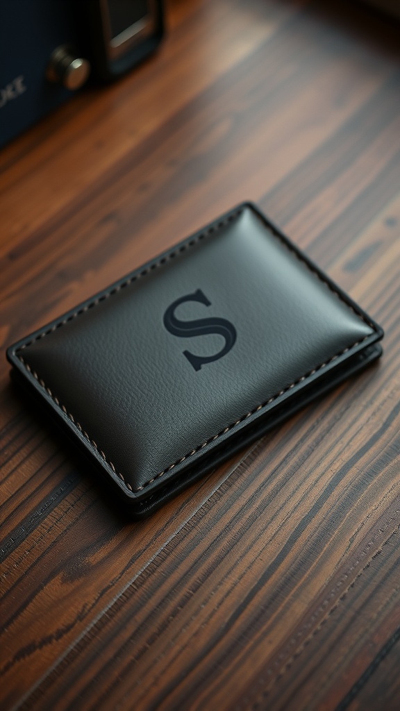 A personalized leather wallet with an initial on a wooden surface.