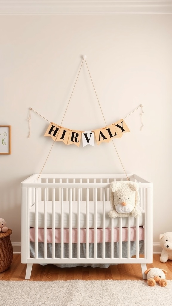 A nursery featuring a personalized name banner above a crib.