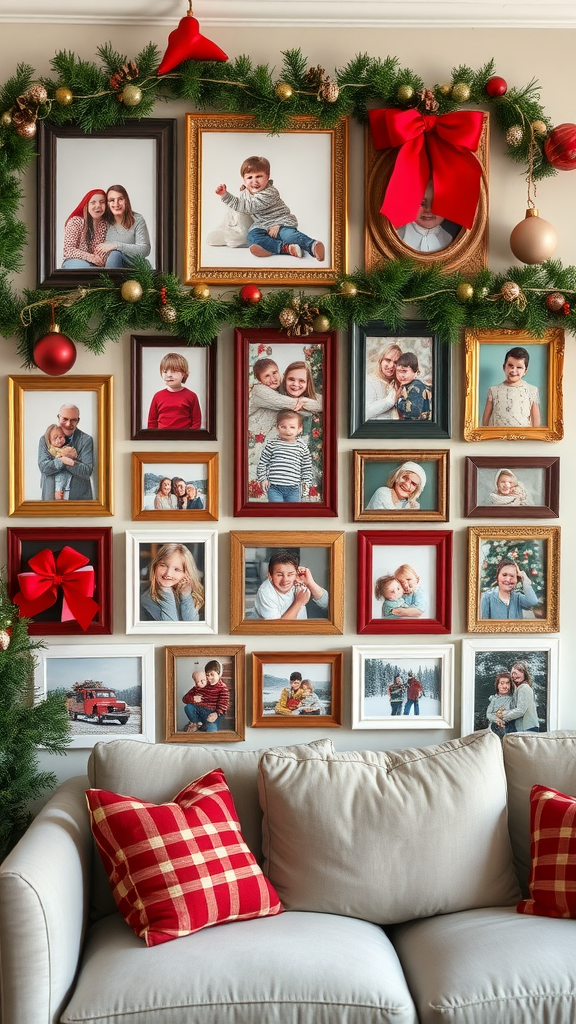 A festive display of family photos in various frames, decorated with Christmas garland and ornaments.