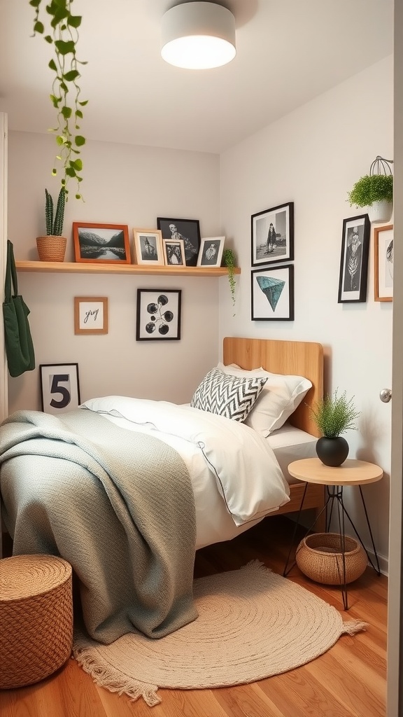 A cozy tiny bedroom featuring a bed, wall art, plants, and warm decor.