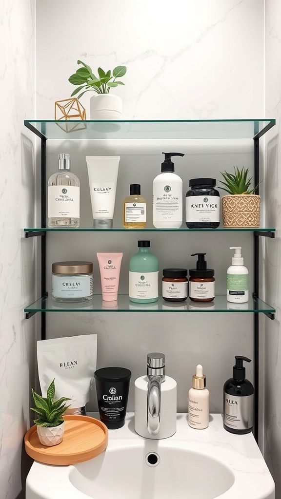 Stylish bathroom shelf displaying wellness products and plants.