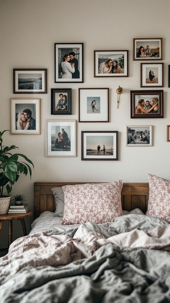 A cozy bedroom with a wall of framed photos and a wooden bed with decorative pillows.