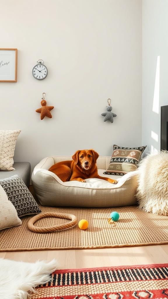 A cozy pet-friendly rest area featuring a dog bed, toys, and decorative wall hangings.