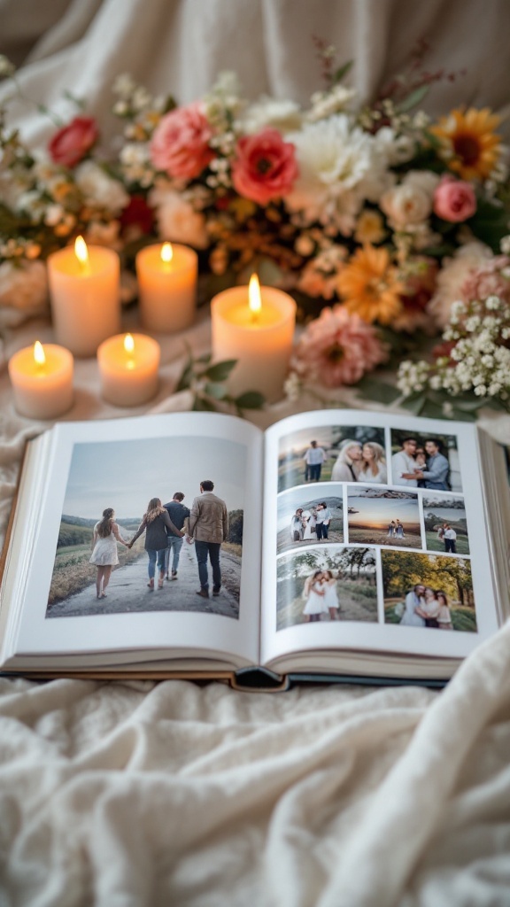 A photo album opened to show various pictures, surrounded by candles and flowers.