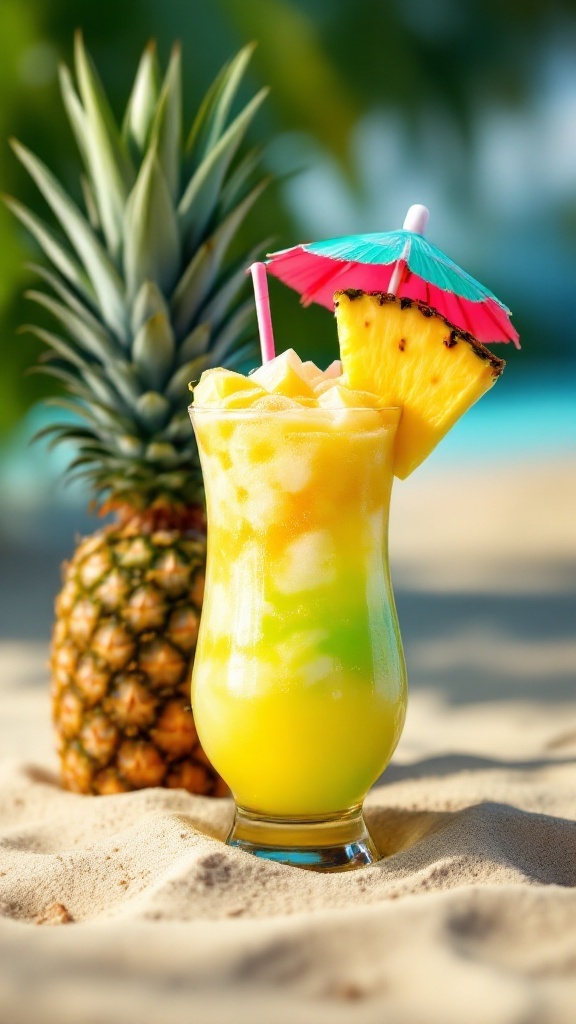 A vibrant glass of Pineapple Coconut Rum Punch garnished with a pineapple slice and mint leaves