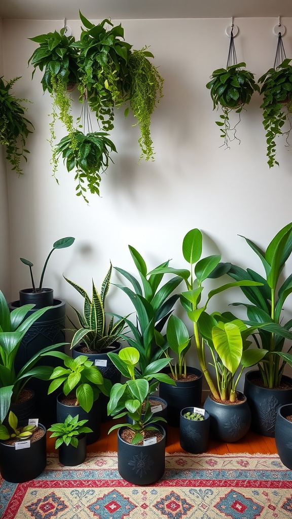 A collection of various green plants in unique black pots arranged in a stylish manner.