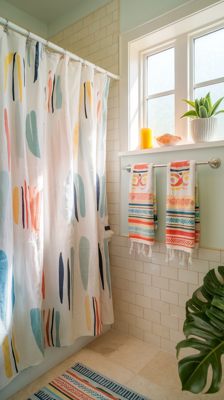 A bright bathroom featuring a colorful shower curtain, vibrant towels, and natural decor elements.