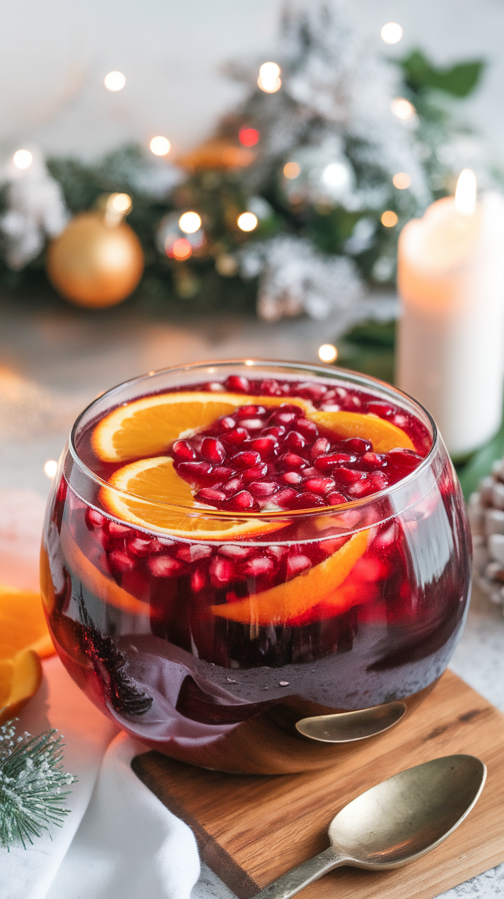 A bowl of Pomegranate Prosecco Punch with pomegranate seeds and orange slices, surrounded by holiday decorations.