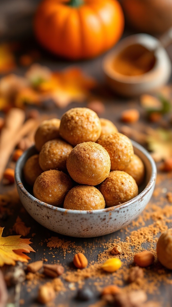 Delicious pumpkin spice protein balls served in a bowl, surrounded by autumn leaves and nuts.