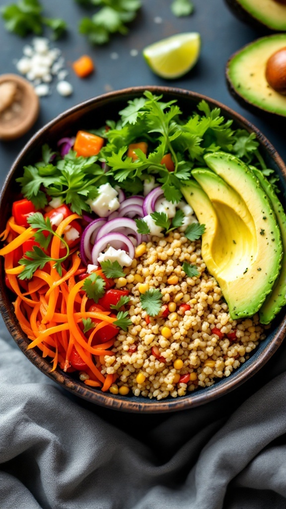A colorful Quinoa and Avocado Bowl with fresh vegetables and lime.