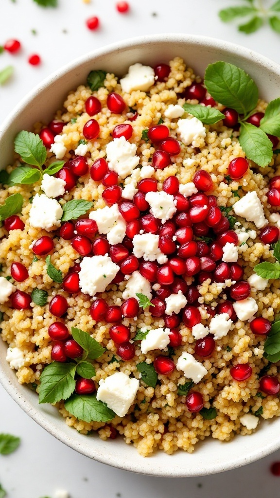 A bowl of quinoa salad with feta cheese and pomegranate seeds, garnished with herbs.