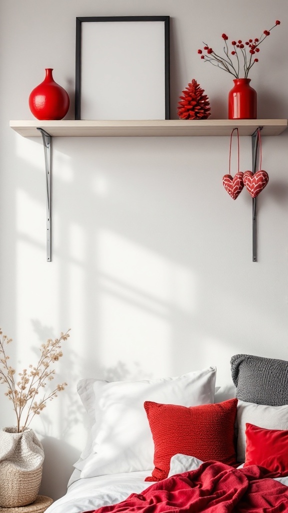 A bedroom scene featuring red and black accent accessories, showcasing a shelf with red decorative items and pillows.