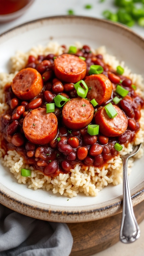 A serving of red beans and rice topped with slices of sausage and green onions.