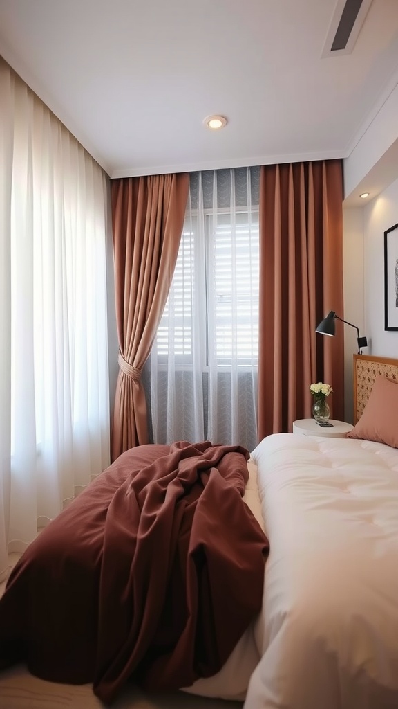 A cozy bedroom featuring layered sheer curtains and stylish drapes, creating a warm and inviting atmosphere.