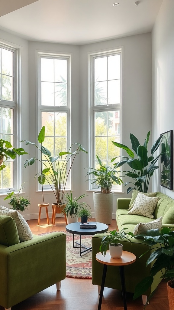 A bright and airy living room with green sofas and various indoor plants near large windows.