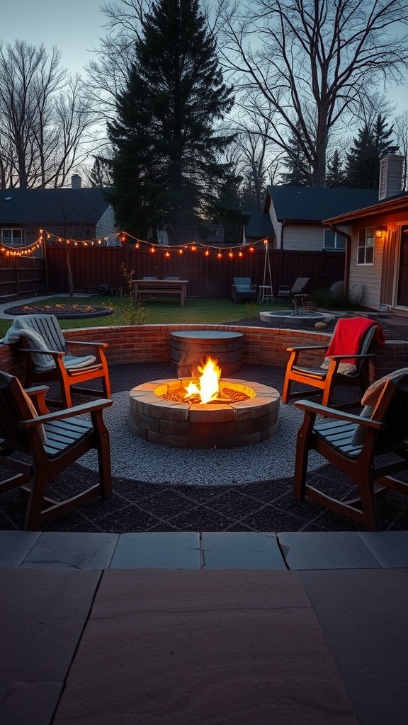 A cozy fire pit area with chairs and string lights in a backyard.