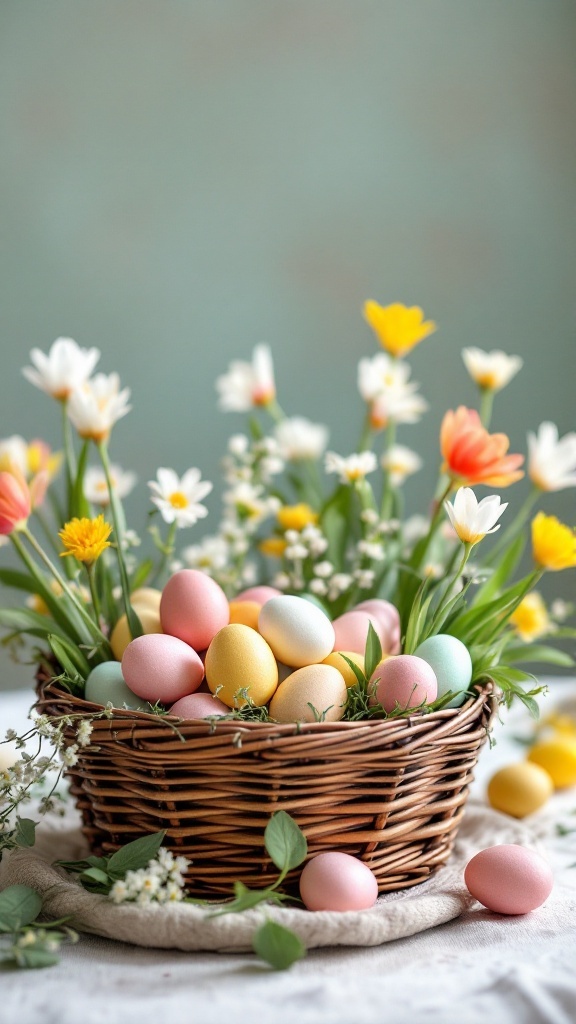 A wicker basket filled with pastel-colored eggs and fresh flowers, creating a charming retro Easter centerpiece.