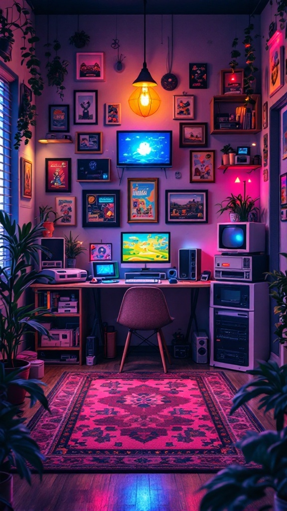 A cozy retro gaming corner with vintage decor, including framed game art, old consoles, and plants.