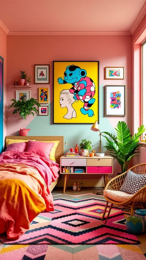 A vibrant teenage girl's bedroom featuring retro pop art, bright colors, and playful decor.